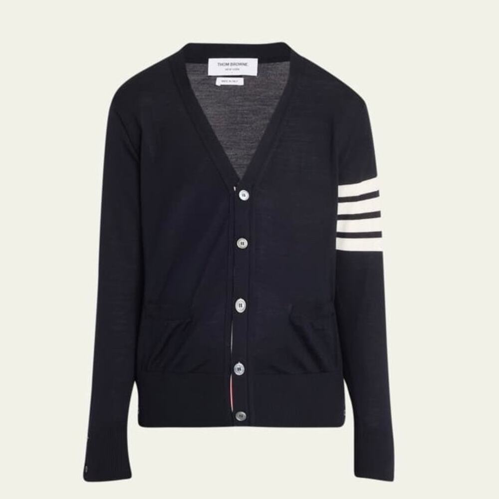 THOM BROWNE 4-Bar Wool Navy Blue Cardigan Sweater Sz 0